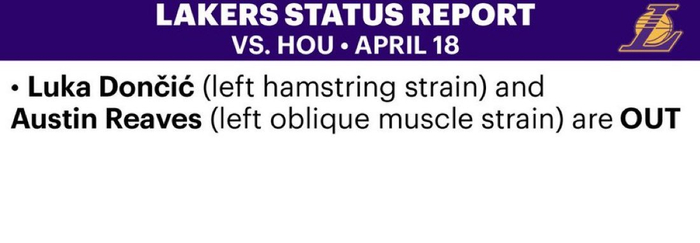 湖人首轮G1伤病报告：除东里外全员可出战